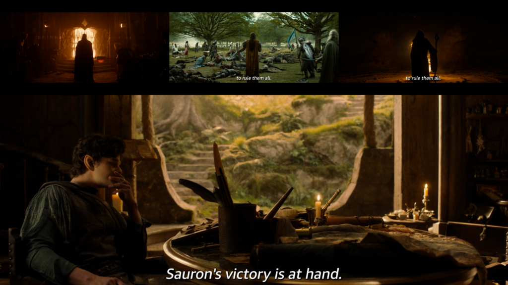 Sauron, Gil-Galad, Gandalf and Elrond - composite of stills from The Rings of Power Season 3 Official Trailer